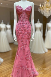 Sweetheart Neck Pink Mermaid Lace Semi Formal Prom Dresses, Pink Mermaid Lace Formal Graduation Dresses